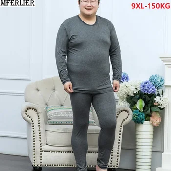 

plus size oversize 7XL 8XL 9XL winter men thick fleece tshirt cotton warm Thermal Leggings Bottoms Tops and pants underwear gray