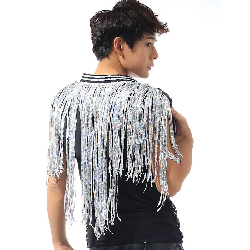 Beyonce Bar Singer DS Costume Men\'S Flash Drill Super Long Fringe Tassel Vest Jacket Men Rave Clothes Jazz Sequin Tops DNV10064