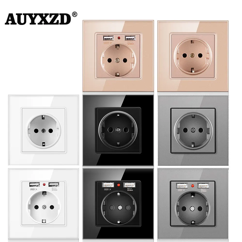 AUYXZD-Toma de corriente de pared con Panel de cristal templado, enchufe estilo alemán, 16A, Toma de corriente estándar de la UE, 110-250V