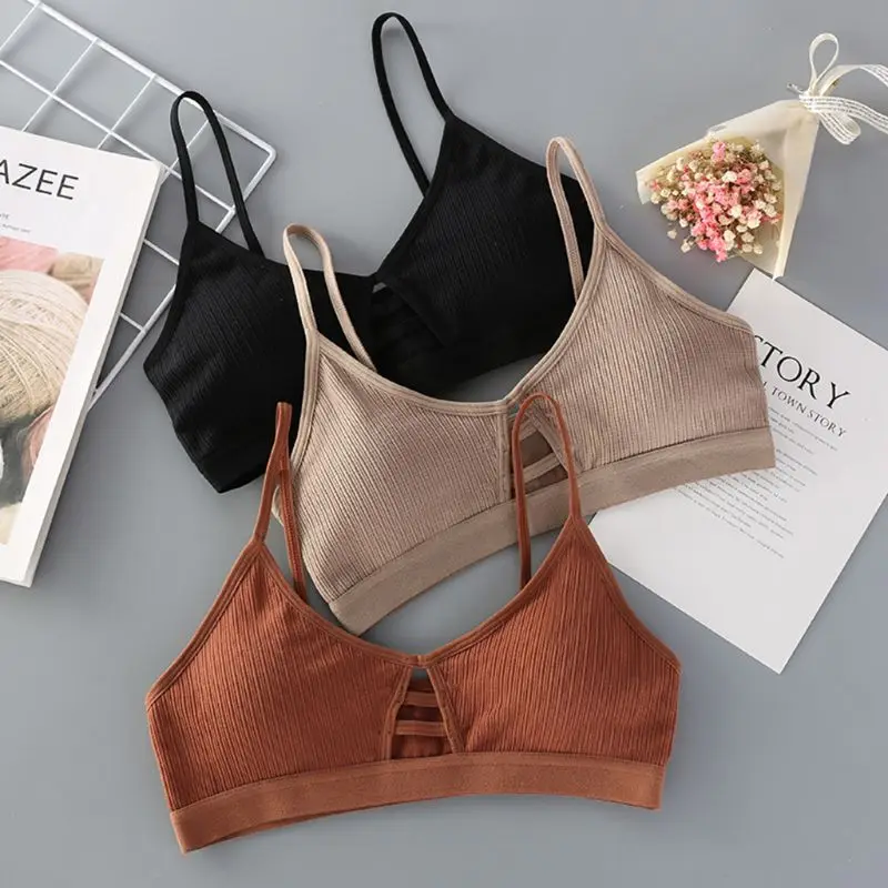 

Coslony Womens Sexy V-Neck Thread Ribbed Bralette Hollow Strappy Underwear Training Bra Wire Free Padded Sport Crop Top