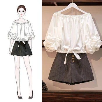 

Summer Two Pieces Suit White Off Shoulder Lantern Sleeve Top Shirts Female High Waist Shorts Women'S Casual Loose Clothing Sets