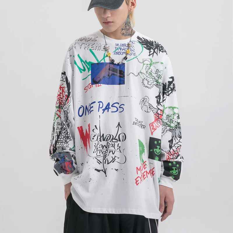 Уличная одежда с длинным рукавом хлопковая Футболка Мужская хип-хоп граффити Полная печатная рэпперская футболка в японском стиле Harajuku негабаритная футболка