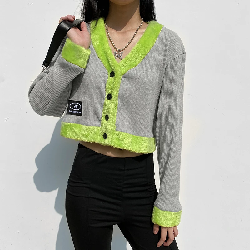 

Fur Patched Knit Y2k Button-Down Long Sleeve Cardigan Women's Sweater Ladies Female Autumn Winter Fashion 2020 Crop Top Jumper