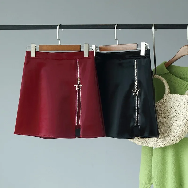 

Fashion mini skirt zipper leather skirt 2019 new leather skirt slim autumn high waist A word skirt skirt skirt female