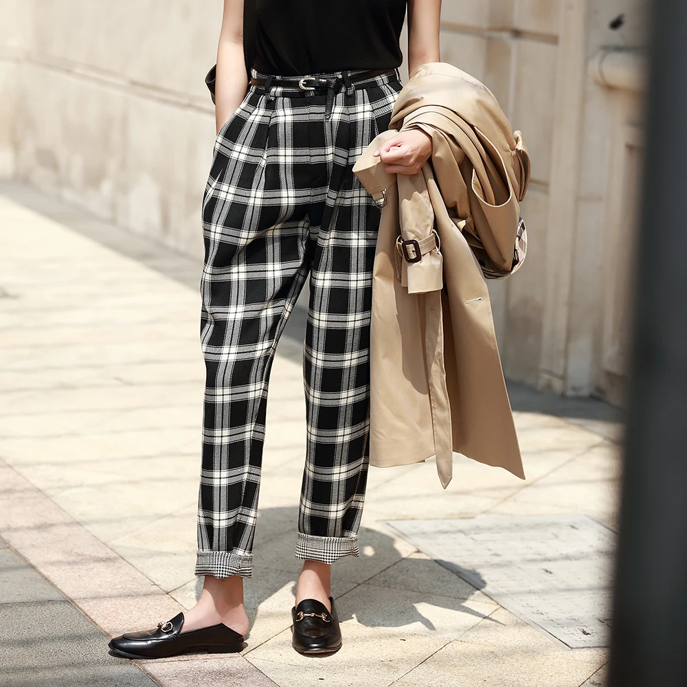 2019 new autumn fashion pants women Double faced wool black white plaid  checkered England long casual loose pants trousers women