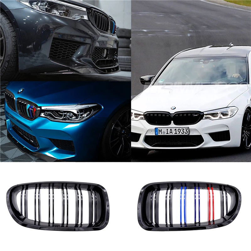 cheap JIUWAN 1 Pair Car Kidney Grill Racing Grille M Color Double Line Gloss Matte Black for BMW F10 F11 F18 5 Series M5 Gloss