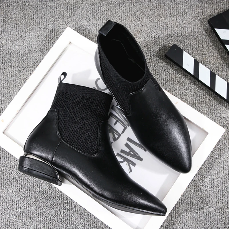 

Pointed Toe wool slip on mid-calf boots women stretch knitting patchwork socks botines mujer comfort low heel plush botas winter