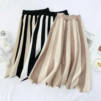 

TYHRU Female Autumn and Winter Wavy Swing High Waist Color Matching Stripes Knit Knee Skirt
