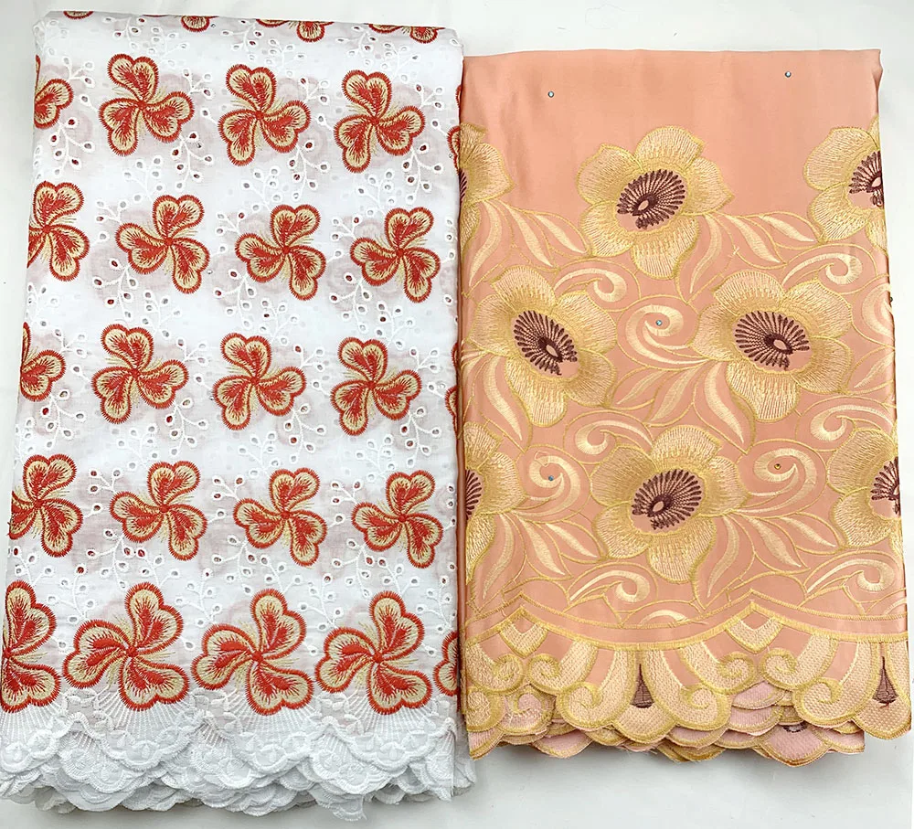 

Latest African punching Lace Fabric And George lace fabric 2.5+2.5 yard Peach color for party dress