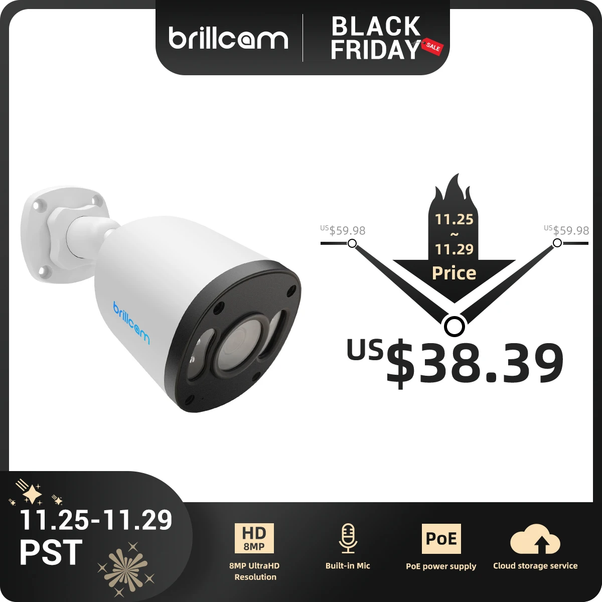 Brillcam 8MP IP Cаmera POE Waterproof Infrared Night Vision Onvif Home Video Surveillance Smart Outdoor C2-800 | Безопасность и