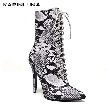 

Karinluna New Brand Fashion women shoes Sexy Thin High Heels 11 cm Mixed Color Pointed Toe Lace-Up Autumn Ankle Boots