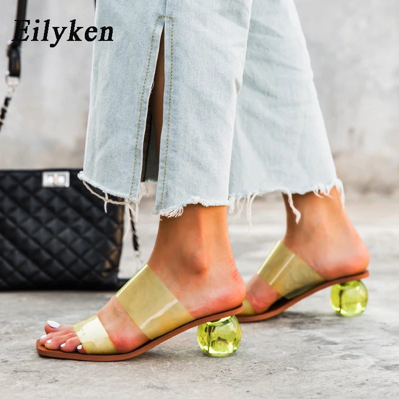 Eilyken/летние женские шлепанцы с прозрачным каблуком из плексигласа; Модные леопардовые женские сандалии с квадратным носком из прозрачного ПВХ