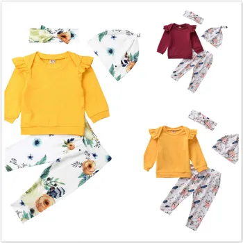 

Emmababy 4PCS Newborn Kids Baby Girls Solid Color Tops Floral Printed Pants Hat Headband Home Outfit Set Clothes Autumn Winter