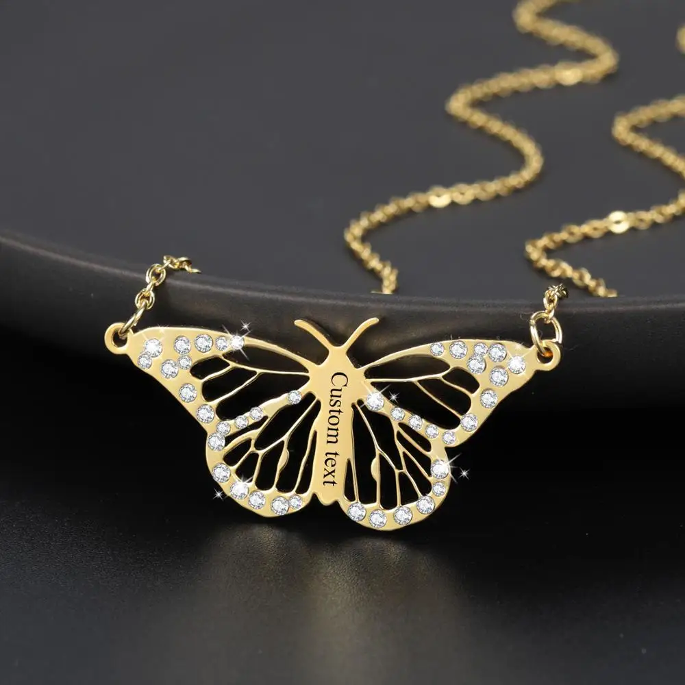 

Personalise Customize Butterfly Necklace Pendant Engraving name Necklace for Women iced out Chokers Gift BlingBling Jewelry