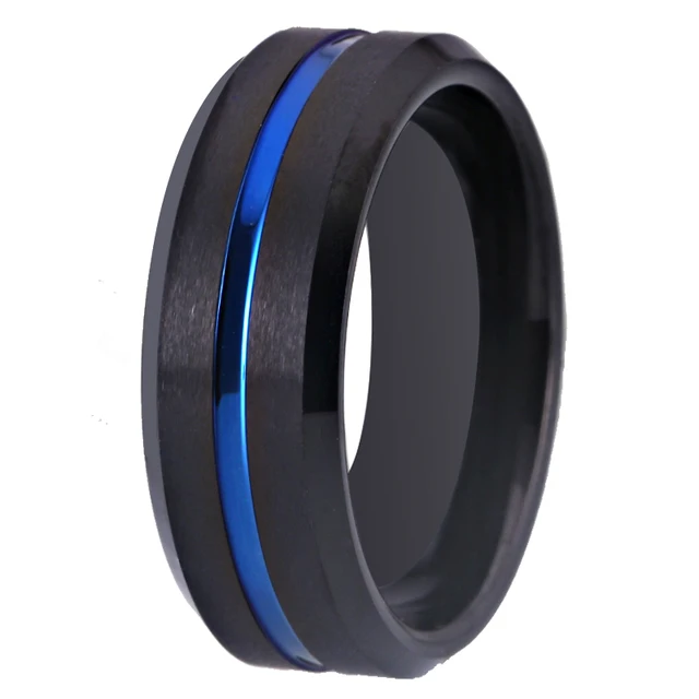 FDLK  Men's fashion 8MM Black Brushed Ladder Edge Stainless Steel Ring Blue Groove Men Wedding Ring Gifts For Men Style 9