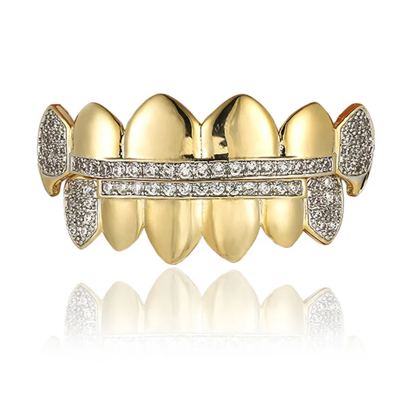 Hip Hop Gold Color GRILLZ Iced Out Zircon Mouth Teeth Grillz Caps Top & Bottom Grill Set Men Women Vampire Grills | Украшения и