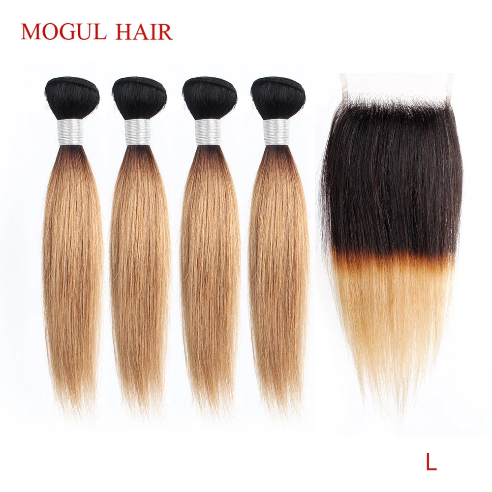 50g/pc 4/6 Bundle with 4x4 Lace Closure 1B 27 Ombre Honey Blonde Bundles Straight Remy Human Hair Weave Extension MOGUL HAIR