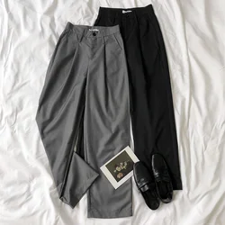 FAKUNTN – pantalon de bureau pour femmes, taille haute, gris, noir, jambes larges, doux, Long, été 