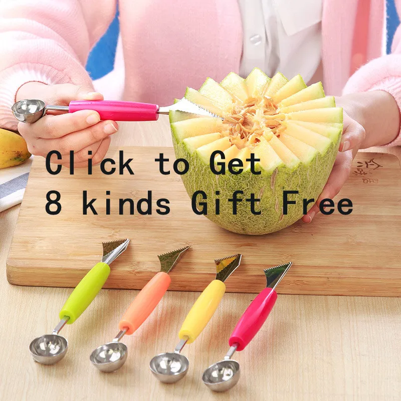 8 Kinds Fruit Free Gift for 4Color Dual-head Ball Carving Knife Waterlemon Scoop Melon Digger Kitchen Spoon Dropshipping | Дом и сад
