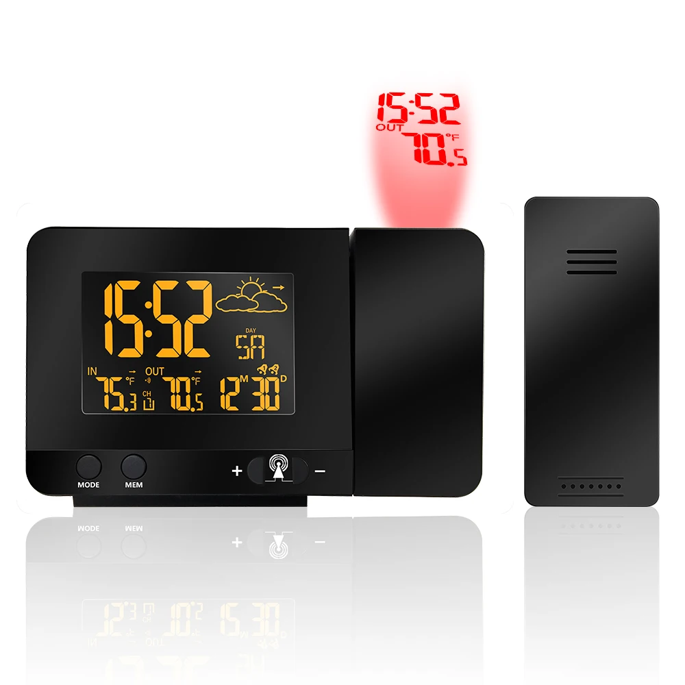 

Digital Radio Controlled Projection Clock with Weather Station, Indoor Thermometer, USB Phone Charging, Colorful Back