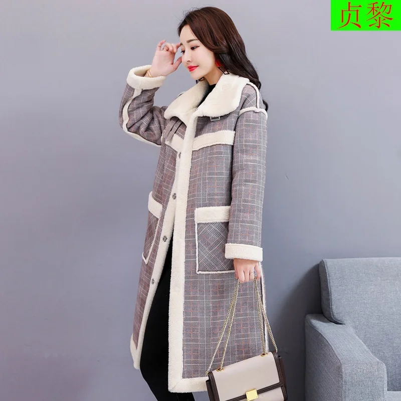 

Mid-length Winter Lambs Wool Coat Women's Korean-style Loose Thick over-the-Knee Cotton Coat Overcoat Casual Plaid Cotton-padded