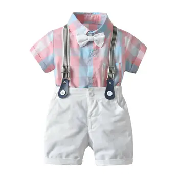 

2019 Baby Summer Clothing Infant Kid Baby Boy Clothes Sets Formal Tuxedo Gentleman Suit Plaid Romper Overall Pants Outfits 6M-4T