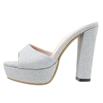 

Sianie Tianie 2020 peep toe silver gold platform high heels women slippers sexy ladies pumps plus size 33-50 woman slides mules