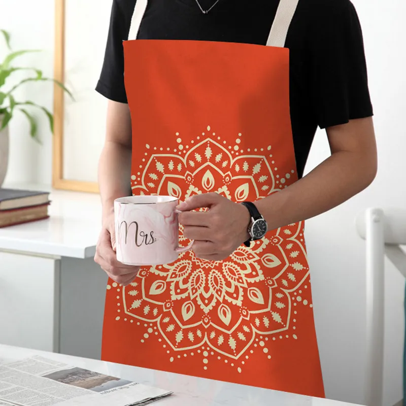 Colorful Mandala Printed Aprons for Woman Home Cooking Baking Coffee Shop Cotton Linen Cleaning Accessories