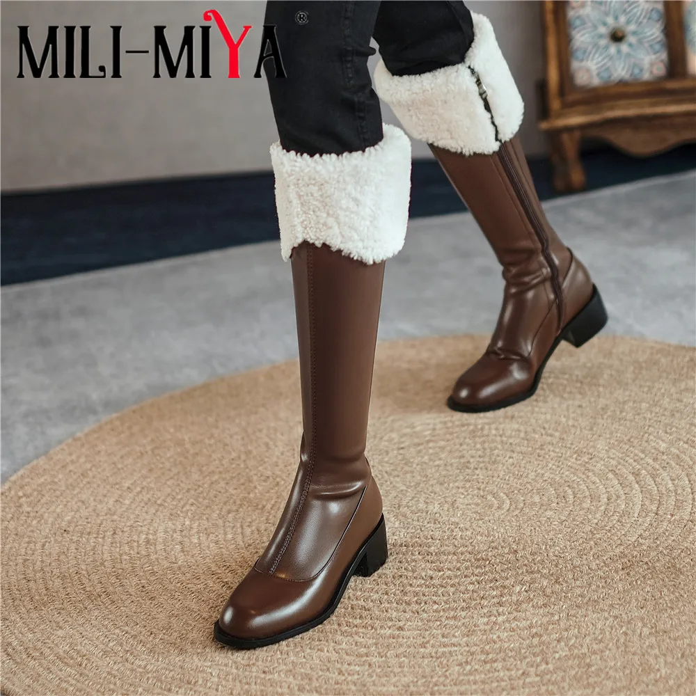 

MILI-MIYA Winter Warm Wool Good Quality Leather Splicing Knee High Boots Women Short Plush Inside Waterproof Wedding Prom Shoes