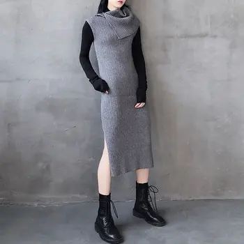 

French Retro Knit Dress Personality Lapels Slim Was Thin Split Sleeveless Dress Women Elegant Fashion 2020 New ZLL4597