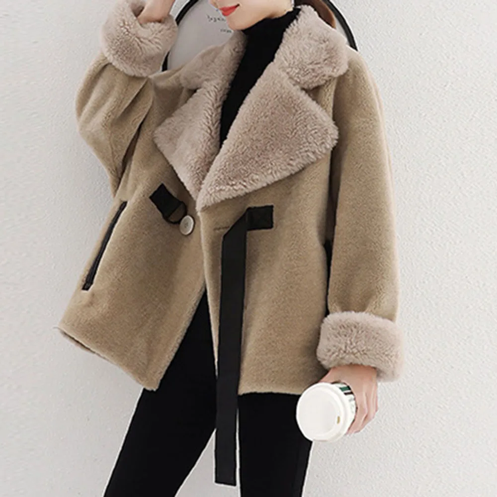

Women Jackets Thick Winter Warm Vintage Lambswool Short Coat Chic Sashes Female Casual Long Sleeve Loose Outwear Tops Coats