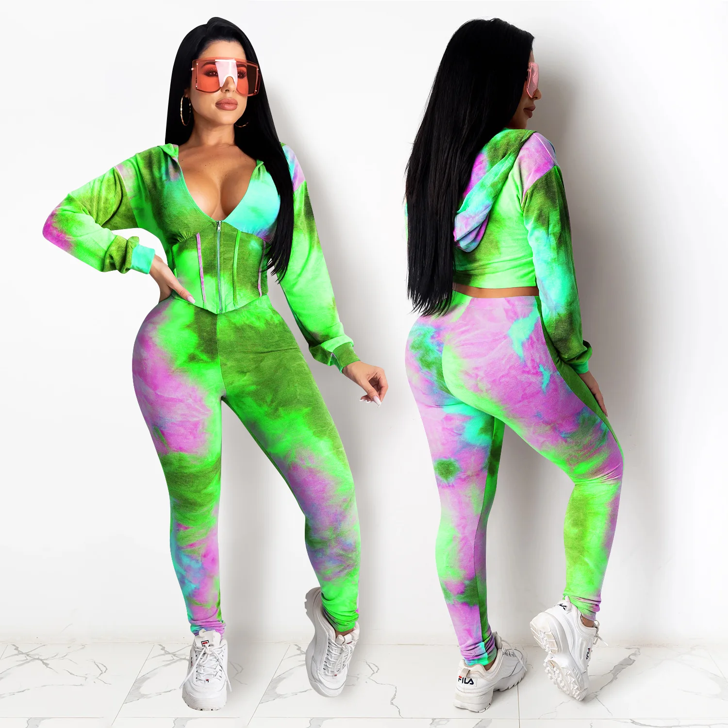 

Tie-dyed Printed 2 Piece Set Sexy Deep V-neck Zippered Defined Waist Hoodie High Waist Skinny Long Pants Women Fall Sportswear