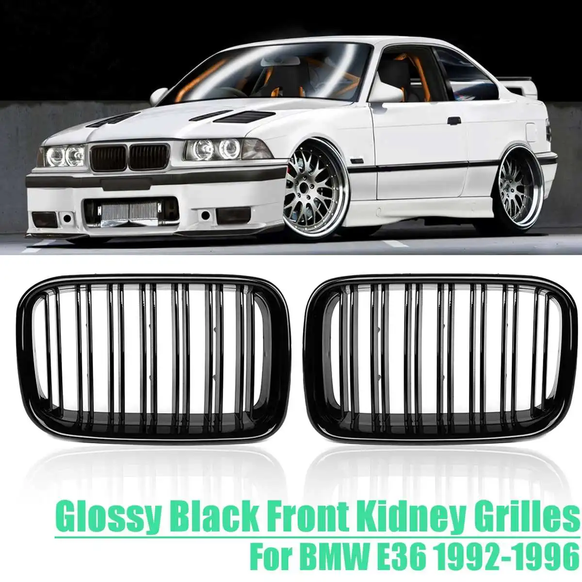 

Hot New Pair Gloss Black Dual line Front Sport Kidney Grille Grills For BMW E36 318 328 328 1992 1993 1994 1995 1996 Car Styling