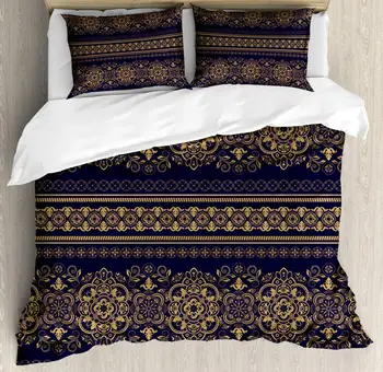 

Turkish Pattern Duvet Cover Set Damask Style Medieval Flowers with Rich Details Horizontal Borders Decorative 3 Piece Bedding