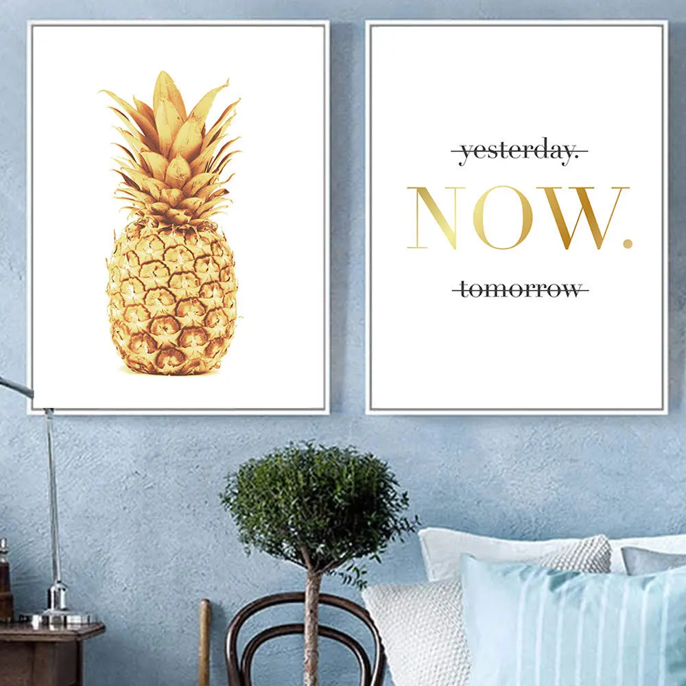 

New Style Foreign Trade Northern European-Style Modern Gold Pineapple English Hanging Painting Core Fruit Living Room Restaurant