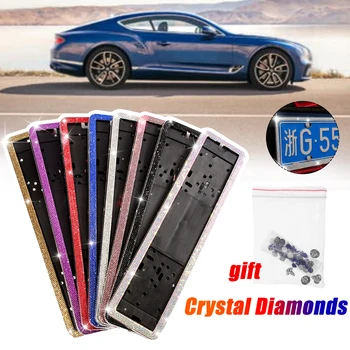 

1 Set Stainless Steel Crystal Diamonds European German Russian Car License Plate Frame Number License Plate Frame Holder