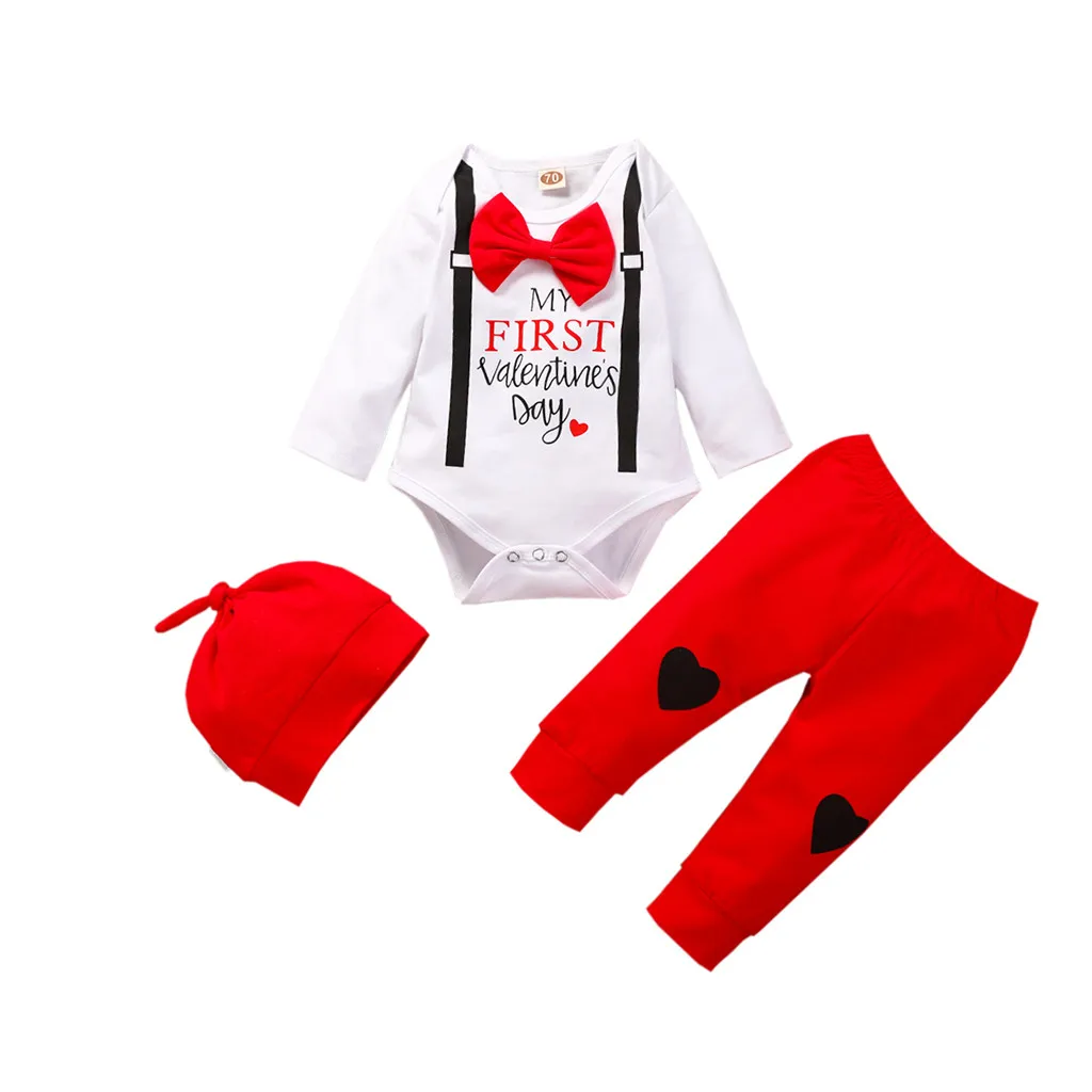 Одежда для новорожденных, одежда для малышей с надписью «My First Valentine», комбинезон с принтом «My First Valentine» для маленьких мальчиков и девочек на День святого Валентина+ штаны+ шапочка, комплект для малышей - Цвет: Red A