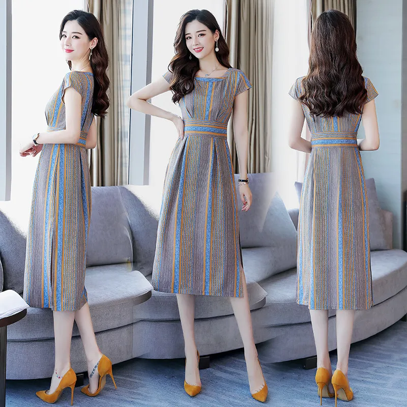 

Summer New Style Korean-style Normcore Style Dress Women's Dress Elegant Mid-length Waist Hugging Short Sleeve Striped Skirt Fas