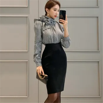 

2020 Spring Fashion New Houndstooth Lace Up Shirt Top+High Waist Pencil Skirt Set Office Women Casual Party 2 Piece Set Vestidos