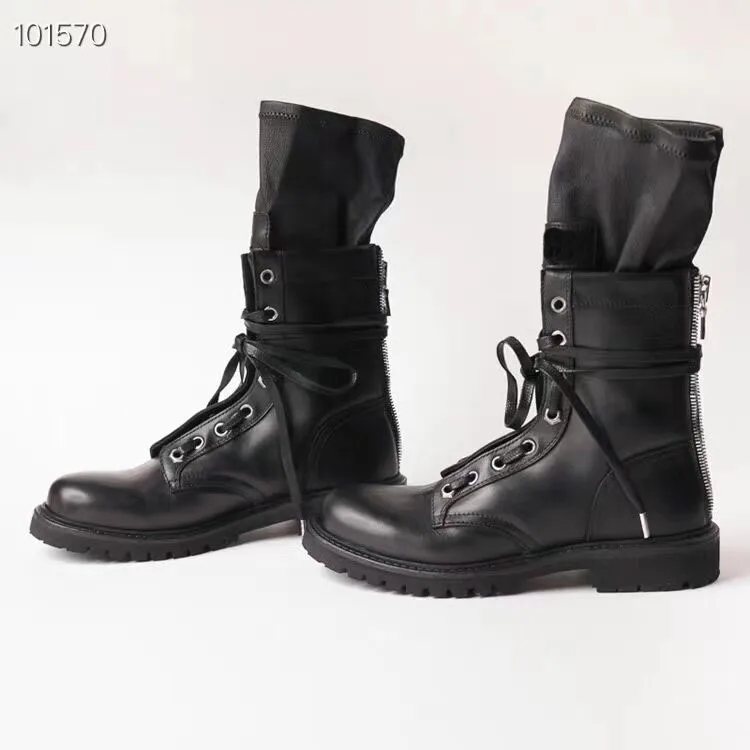 

Martin Boots Women Fashion Genuine Leather Lace-Up Thick Bottom Army Boots Round Toe Patchwork Knight Boots Winter Female Shoes
