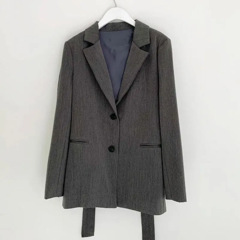 Женский однобортный пиджак с открытой спиной, офисный утягивающий блейзер, пальто на осень и зиму - Цвет: Серый