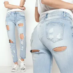 Уличный стиль пикантные спереди и длинное сзади в Рваные джинсы для Для женщин облегающие скини из джинсовой ткани в стиле «хип-хоп» с