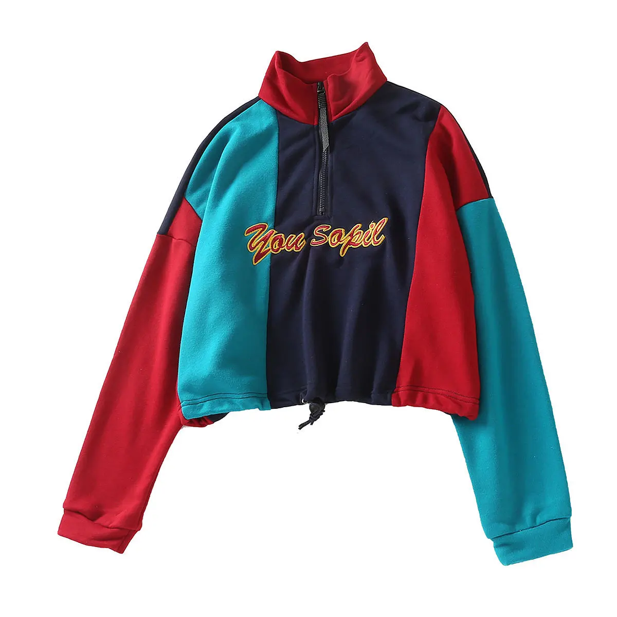 

Europe And America Drawstring Mixed Colors Short Hoodie Women's Contrast Color Embroidered INS Blogger Celebrity Style Loose-Fit