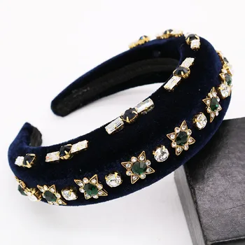

Baroque Charm Crown Navy Velvet Big Hairband Handmade Luxury Black crystal chain Headband Wedding Hair Jewelry Accessories
