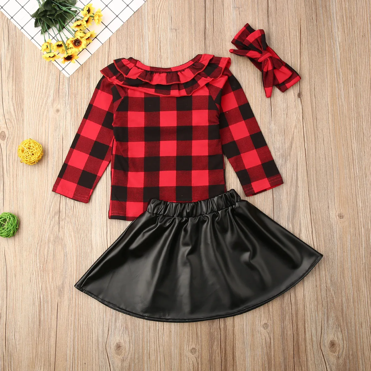 Дети детская одежда для малышки красного цвета в клетку футболка кожа черного цвета с длинным рукавом Кардиган с поясом осень комплект одежды для детей
