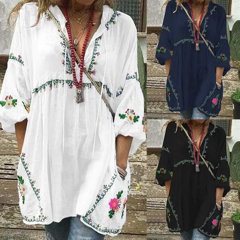  Bohemian Printed Tops Women's Autumn Blouse 2019 ZANZEA Fashion V Neck Long Sleeve Long Shirt Femal