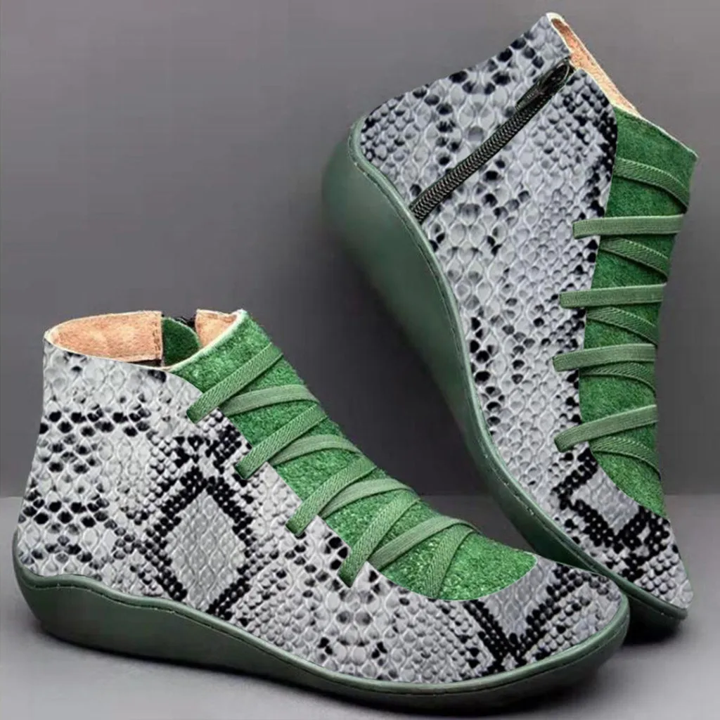 

Women Snake Print Ankle Boots PU Leather Booties Ladies Shoes Round Toe Booties Women Flat Ladies Shoes stivali donna Dropship