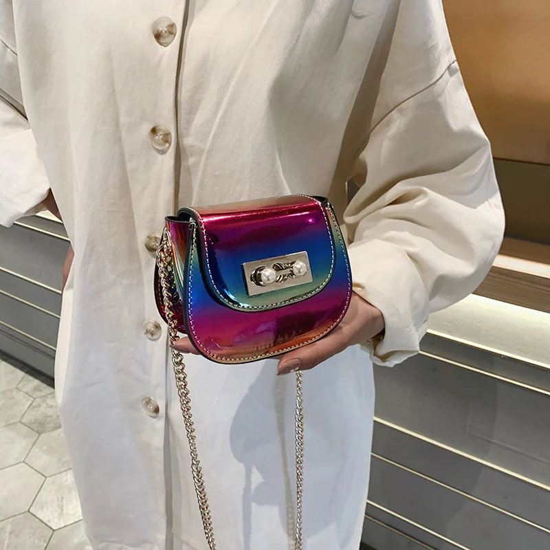 

Summer mini bag women 2019 new laser Pearl Doug bag personality small square bag chain shoulder Messenger bag