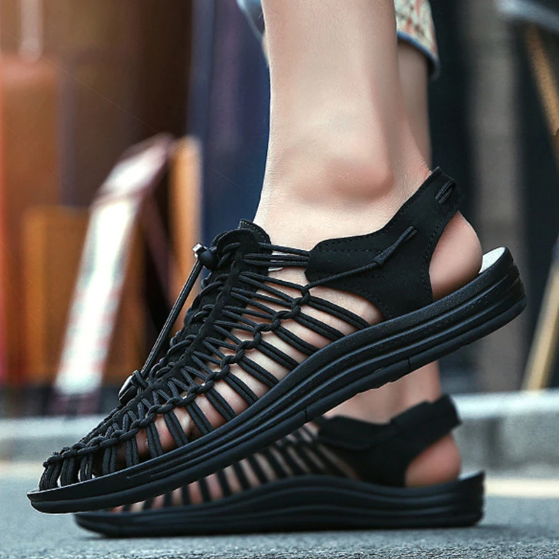Men Sandals Rubber Bottom Hand Stitched Elastic Band Mens Summer Casual Shoes Outdoor Beach Lightweight No Slip Sandals For Men