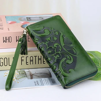 

Green Floral Embossed Women Wallet Purse Female Long Tassel Credit Card Bag For Lady Money Coin Purses Zipper Phone Case